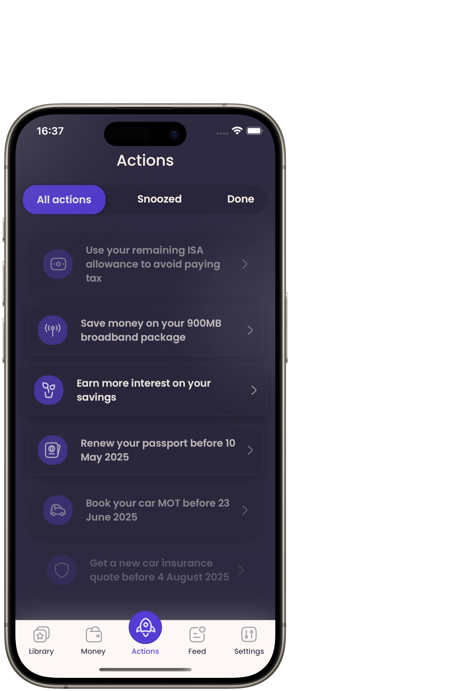 DataWollet showwing different suggested actions
